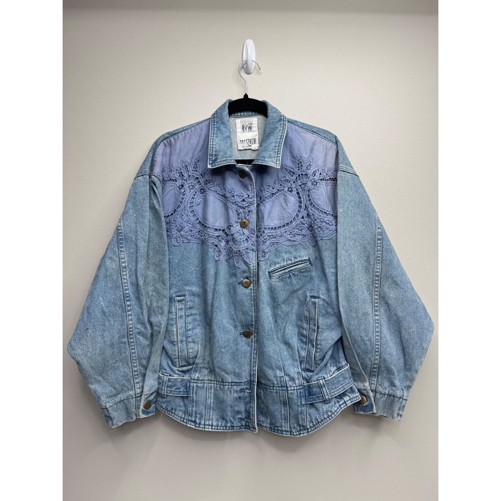 Together! Vintage 90s Denim Jacket Lace Crochet Overlay Light Wash Blue Medium
